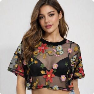 SHEIN Sheer Floral Embroidered Mesh Crop Top L Dark Fairy Whimsigoth Feminine